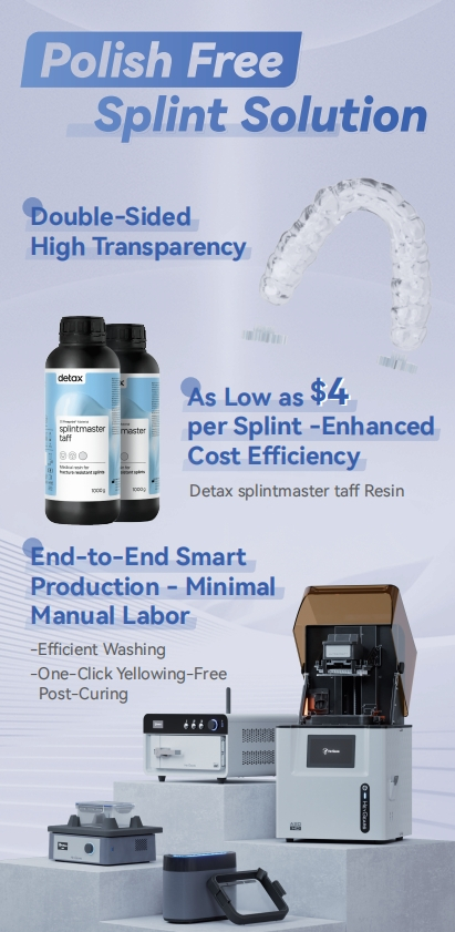 HeyGears Polish Free Splint 3D printing Solution highlighting cost efficiency at $4 per splint with Detax splintmaster taff resin.